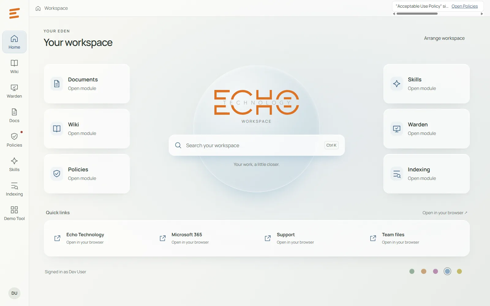 The EDEN desktop app's Home: a labelled rail on the left, module tiles either side of a central search bar, and a row of quick links.