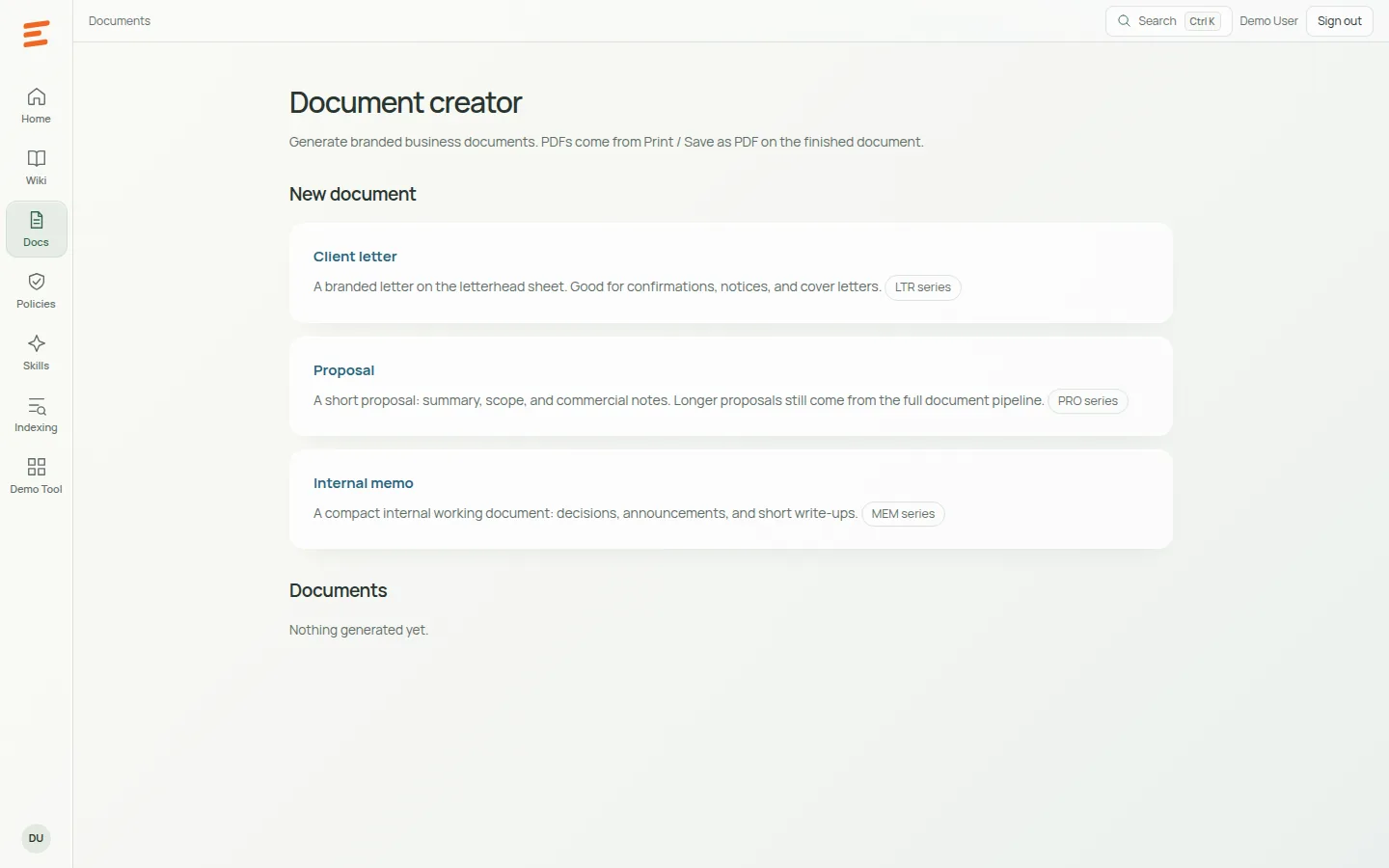 The Documents module in EDEN WEB: new client letters, proposals and internal memos, with the workspace rail on the left.