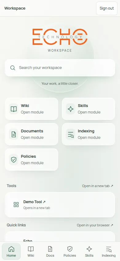 EDEN WEB on a phone: the search bar at the top, module tiles below and a bottom bar of modules.