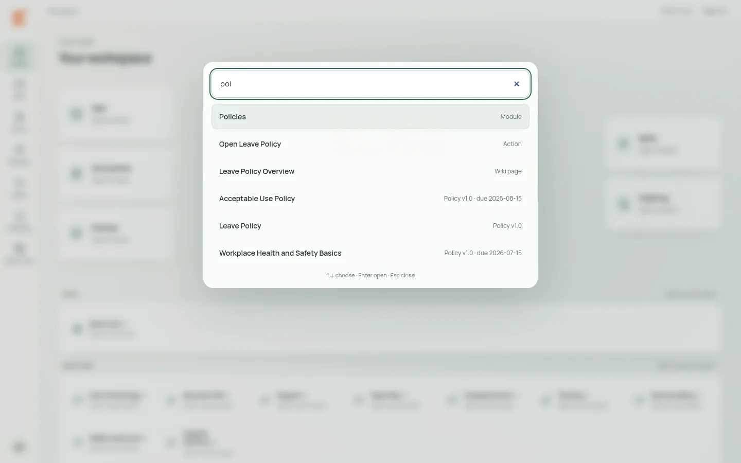 EDEN WEB's search open over Home, with the letters pol matching the Policies module, a leave policy and other policy pages.